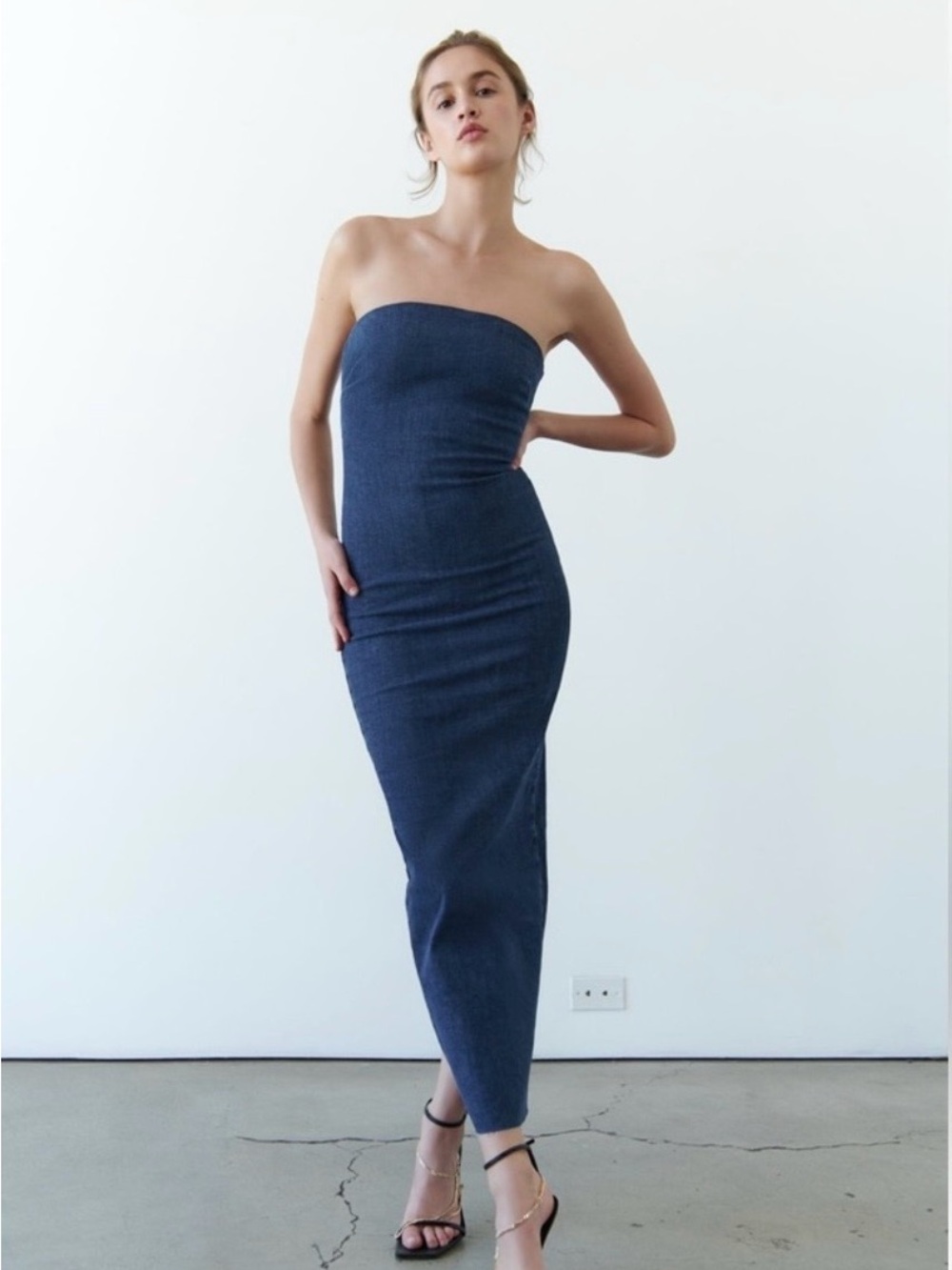 Zara Denim Strapless Maxi Bodycon Dress
